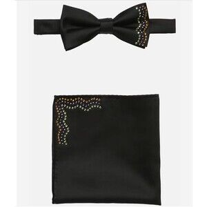 Stylish Black Egara Pre-Tied Bow Tie and Pocket Square Set | Perfect for Wedding